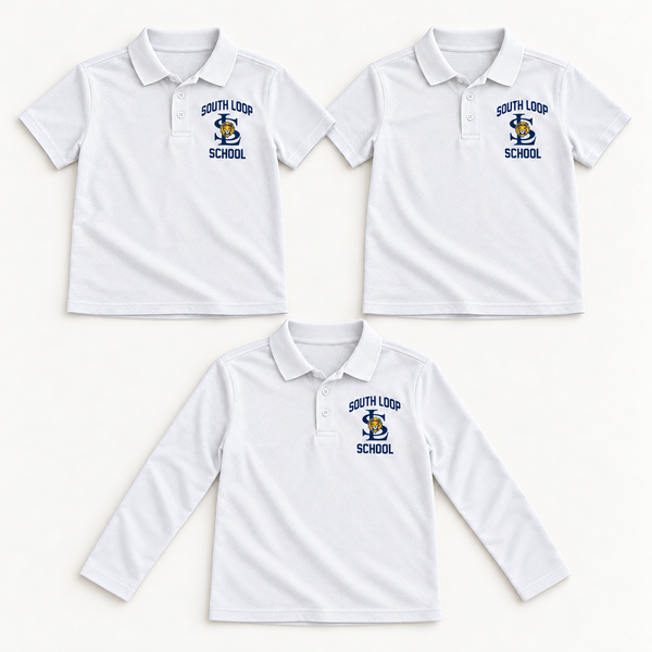 Everyday Starter Bundle: two white short-sleeve youth polos and one white long-sleeve youth polo with South Loop School chest print