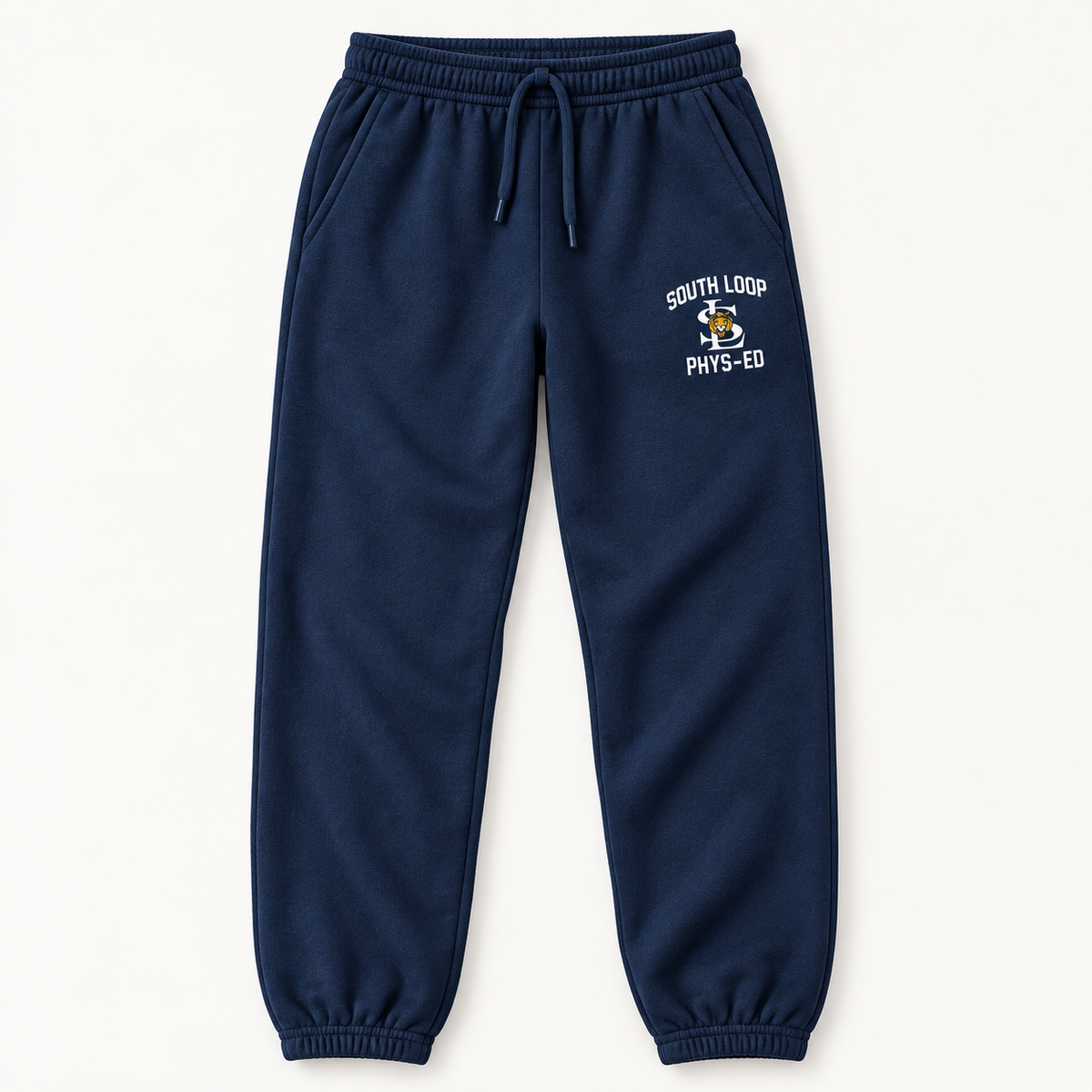 South Loop PE Sweatpants — Adult — navy fleece, South Loop Phys-Ed decoration with white lettering, front view