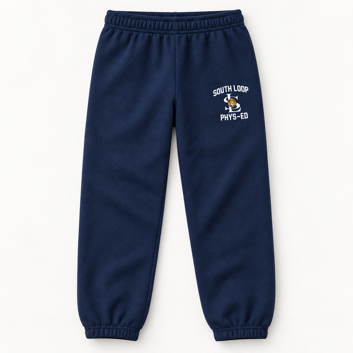 South Loop PE Sweatpants — Youth — navy fleece, South Loop Phys-Ed decoration with white lettering, front view