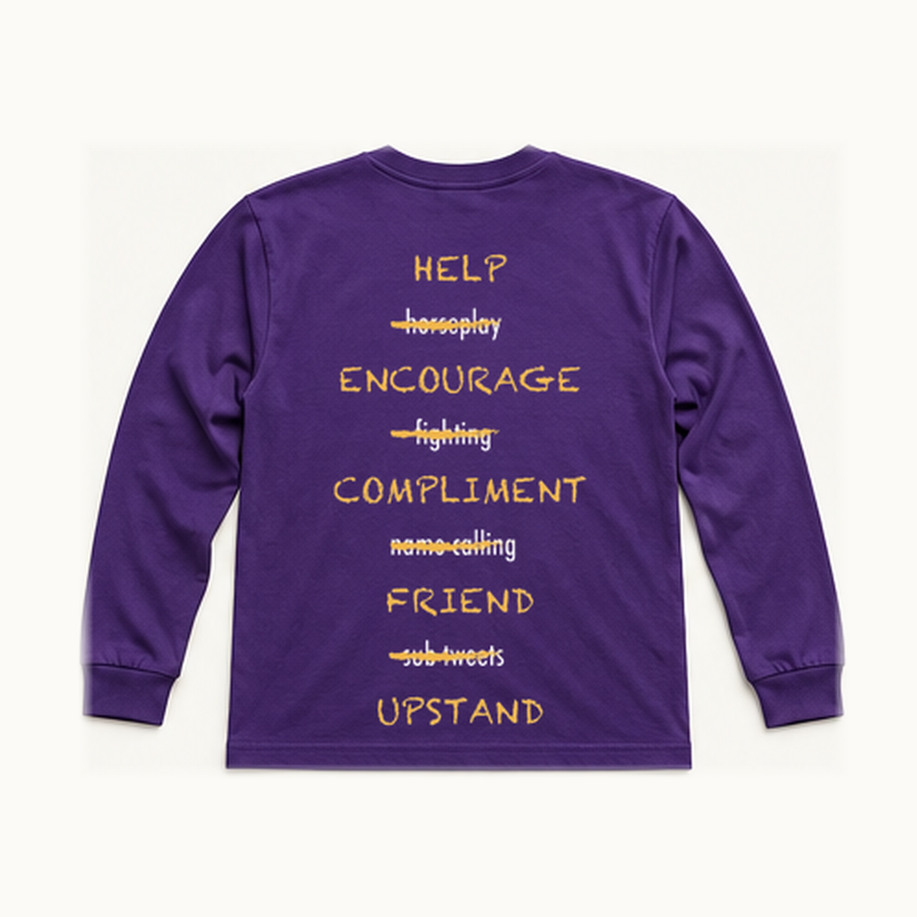Back of centered purple South Loop School Paws Off Adult long-sleeve tee; original print artwork retained