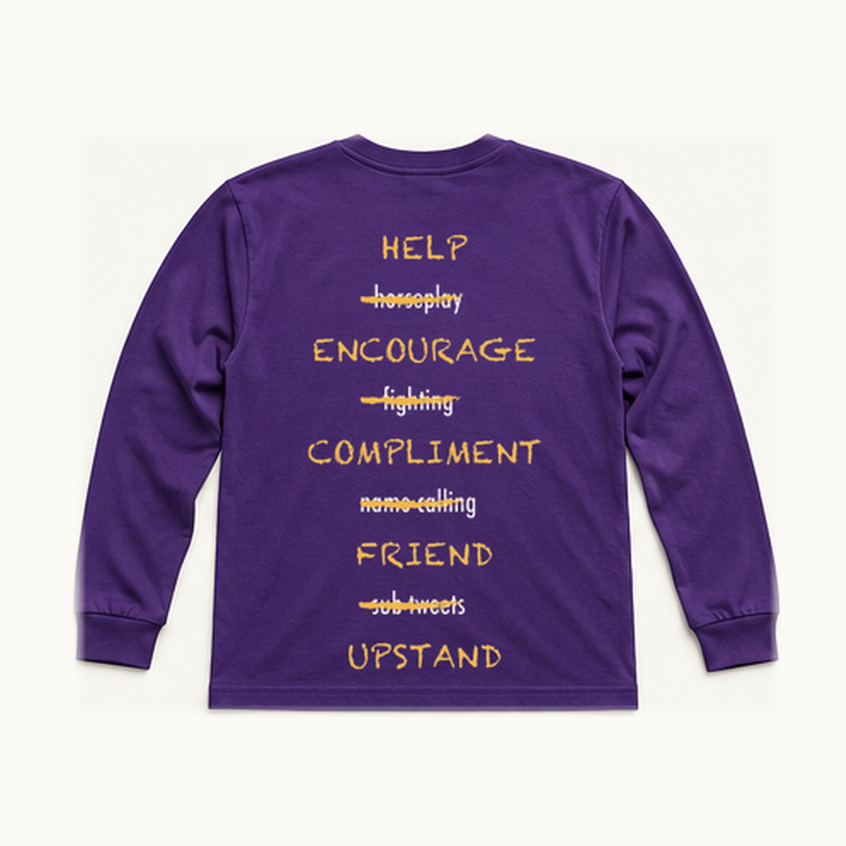 Back of centered purple South Loop School Paws Off Adult long-sleeve tee; original print artwork retained