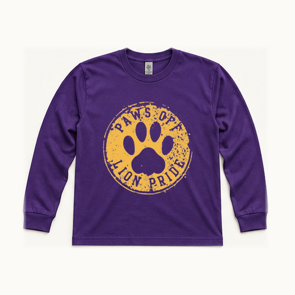 Front of centered purple South Loop School Paws Off Adult long-sleeve tee; original print artwork retained