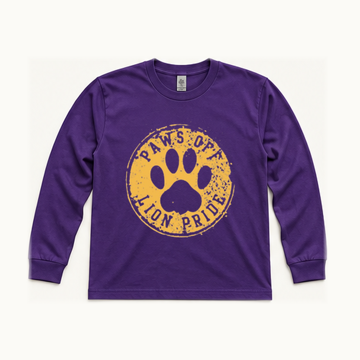 Front of centered purple South Loop School Paws Off Adult long-sleeve tee; original print artwork retained