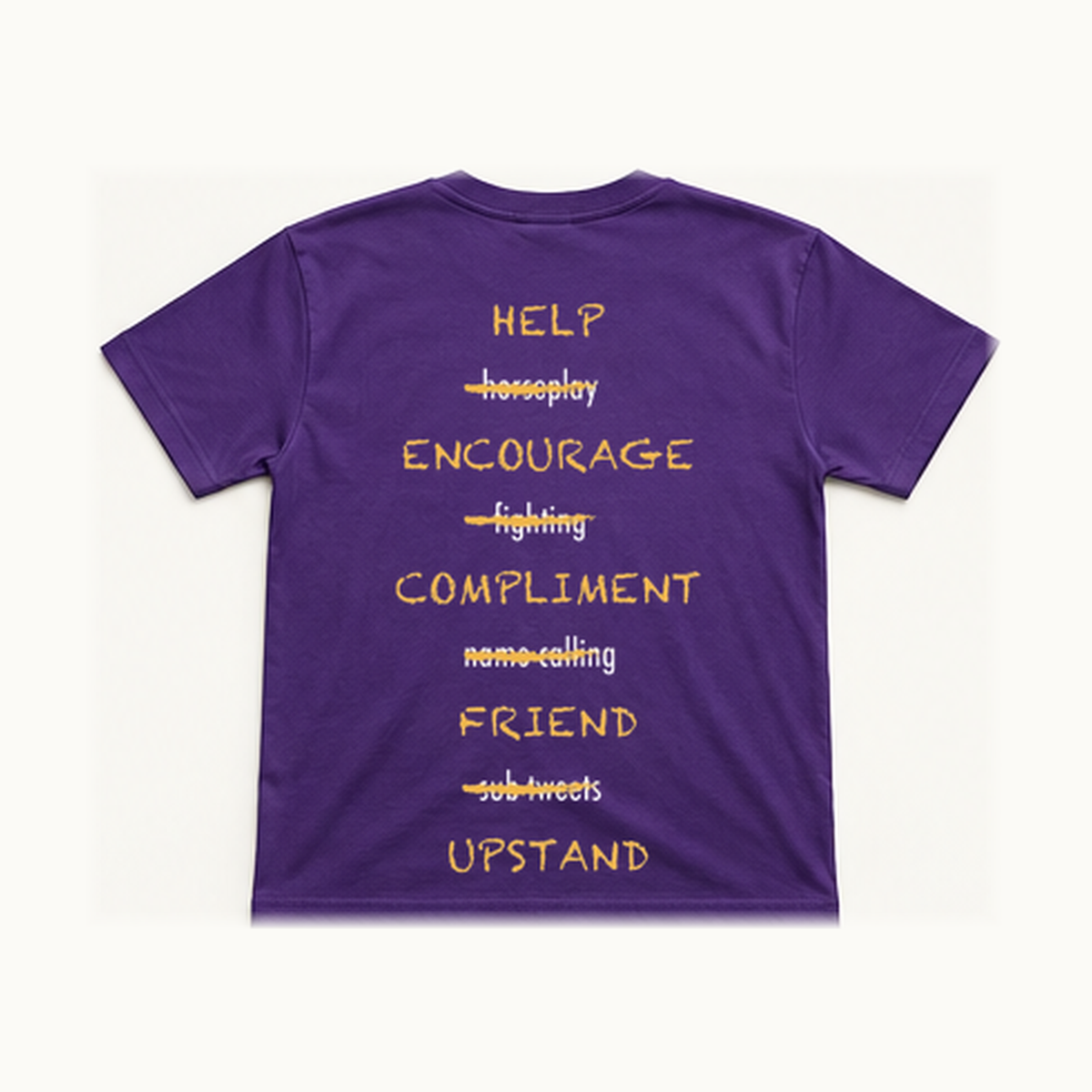 Back of centered purple South Loop School Paws Off Adult short-sleeve tee; original print artwork retained