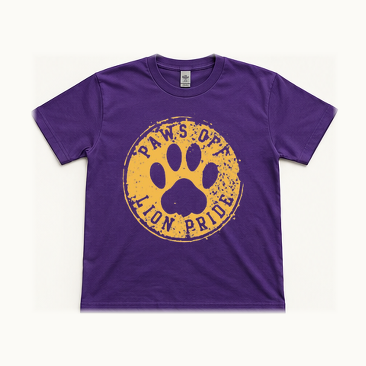 Front of centered purple South Loop School Paws Off Adult short-sleeve tee; original print artwork retained