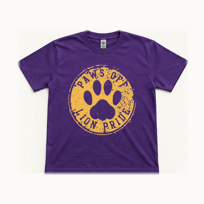 Front of the purple Paws Off adult short sleeve tee
