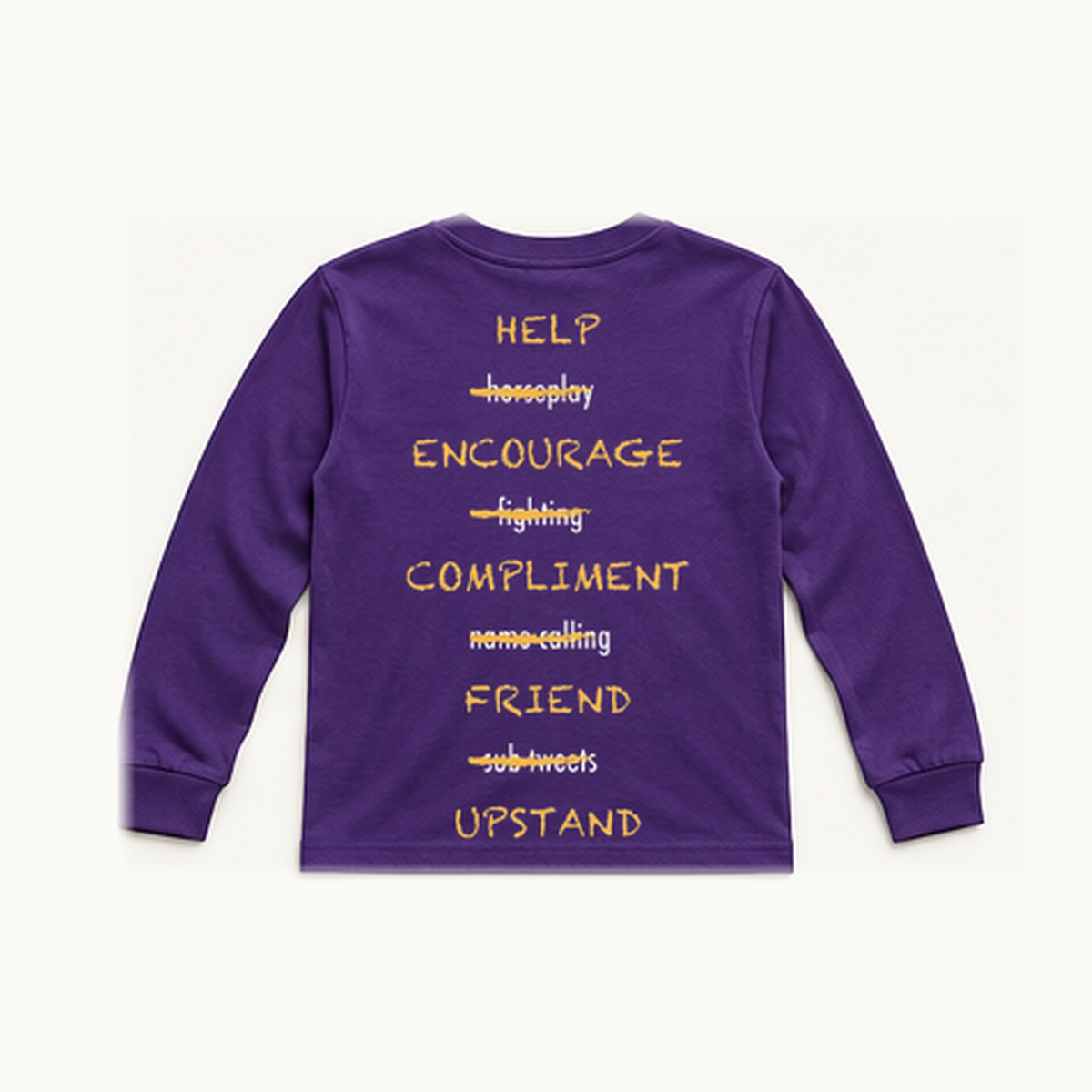 Back of centered purple South Loop School Paws Off Youth long-sleeve tee; original print artwork retained