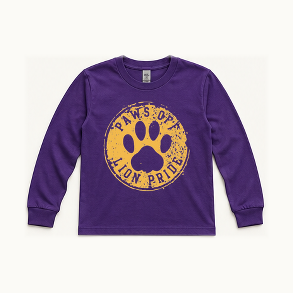 Front of centered purple South Loop School Paws Off Youth long-sleeve tee; original print artwork retained