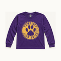 Front of centered purple South Loop School Paws Off Youth long-sleeve tee; original print artwork retained
