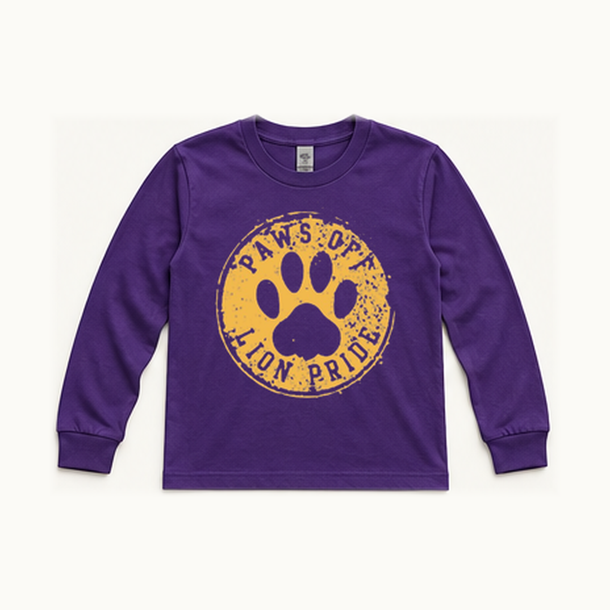 Front of centered purple South Loop School Paws Off Youth long-sleeve tee; original print artwork retained