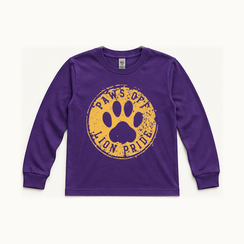 Front of centered purple South Loop School Paws Off Youth long-sleeve tee; original print artwork retained