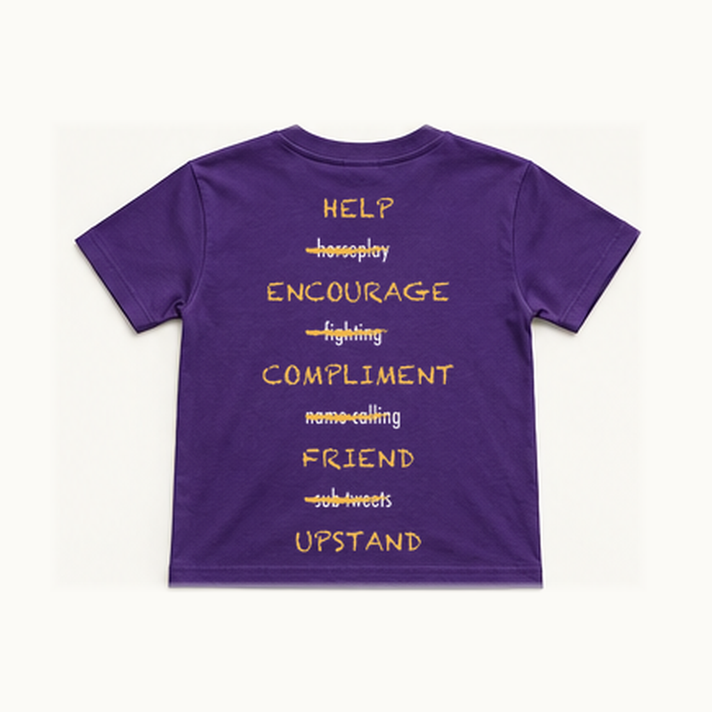 Back of centered purple South Loop School Paws Off Youth short-sleeve tee; original print artwork retained