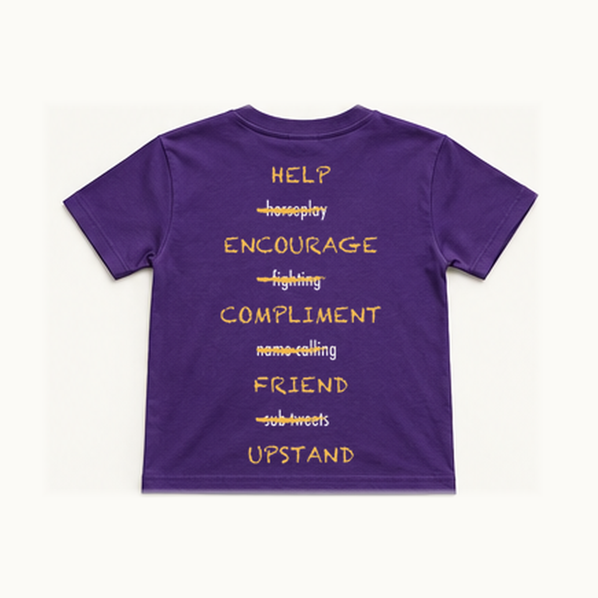 Back of centered purple South Loop School Paws Off Youth short-sleeve tee; original print artwork retained