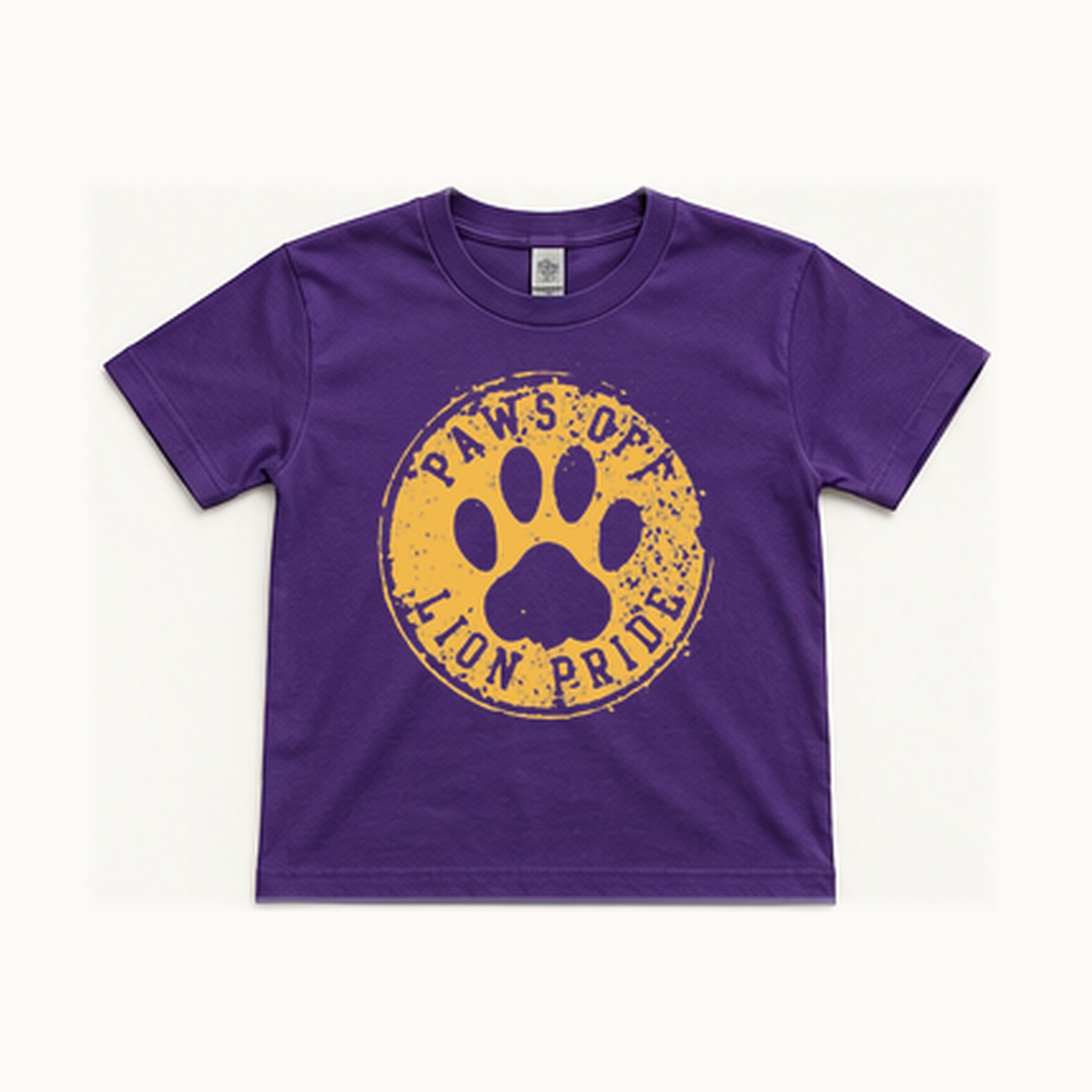 Front of centered purple South Loop School Paws Off Youth short-sleeve tee; original print artwork retained