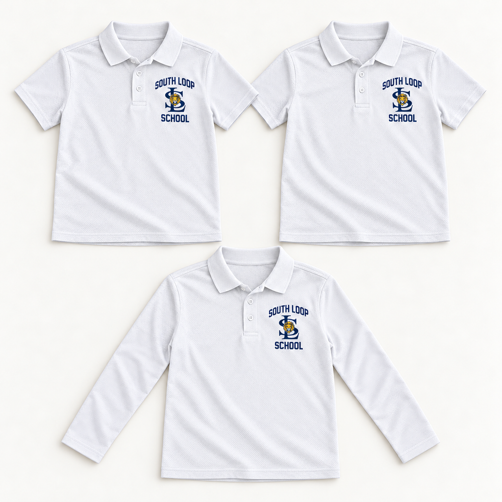 Everyday Starter Bundle: two white short-sleeve youth polos and one white long-sleeve youth polo with South Loop School chest print