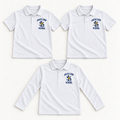 Everyday Starter Bundle: two white short-sleeve youth polos and one white long-sleeve youth polo with South Loop School chest print