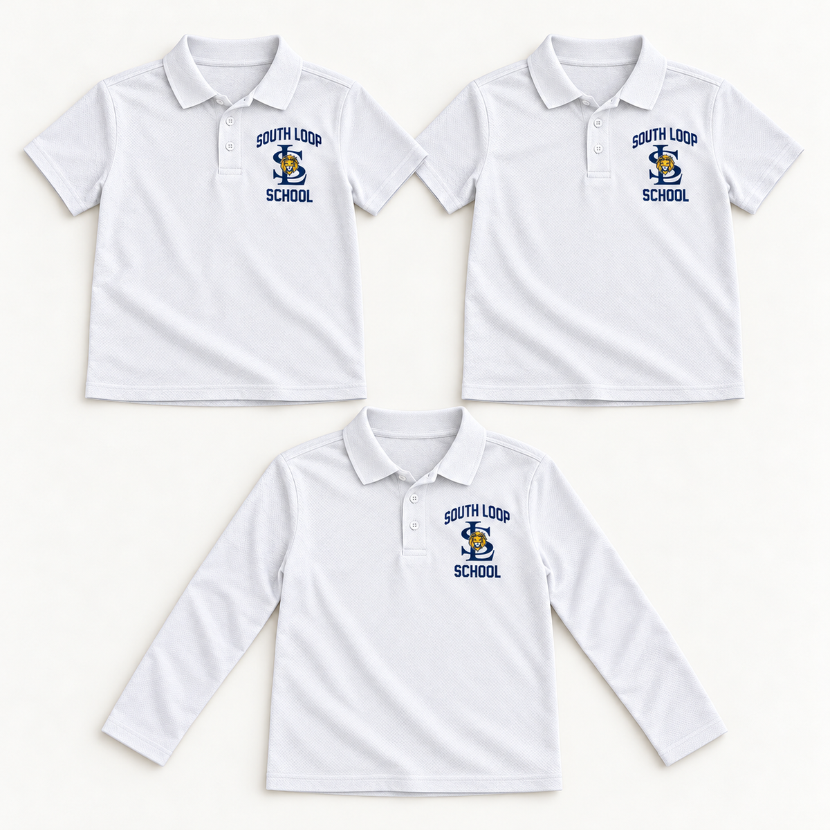 Everyday Starter Bundle: two white short-sleeve youth polos and one white long-sleeve youth polo with South Loop School chest print