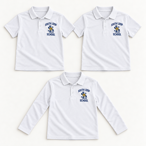 Everyday Starter Bundle: two white short-sleeve youth polos and one white long-sleeve youth polo with South Loop School chest print