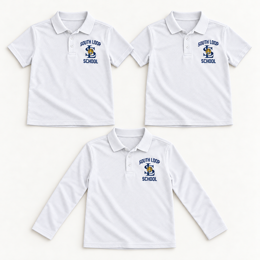 Everyday Starter Bundle: two white short-sleeve youth polos and one white long-sleeve youth polo with South Loop School chest print