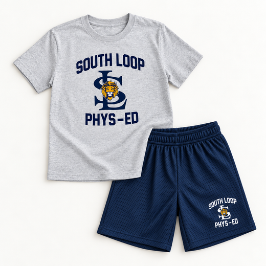 PE Starter Bundle with one gray South Loop youth PE T-shirt and one navy youth PE shorts