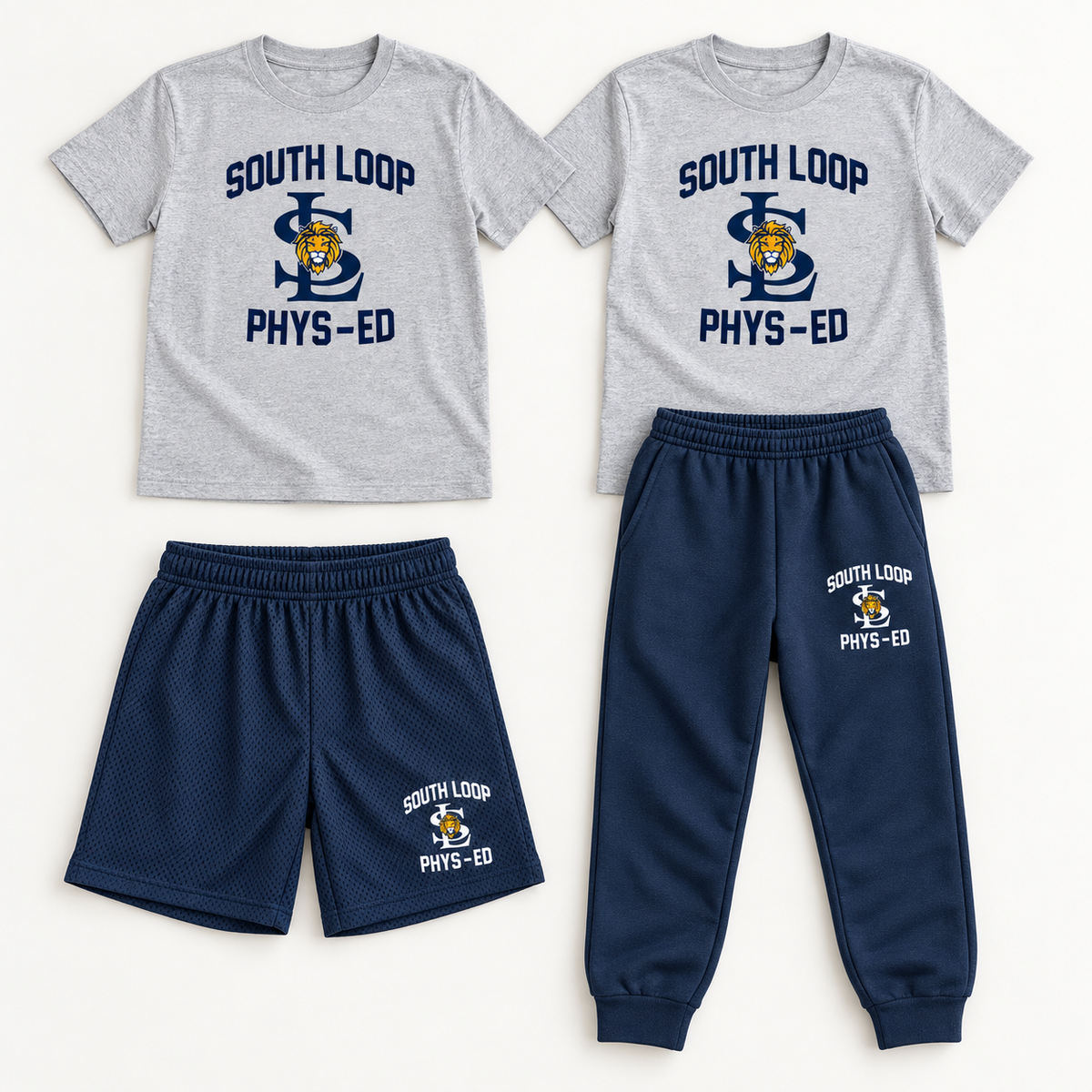 PE Week Bundle: two gray South Loop PE T-shirts, navy shorts and navy joggers