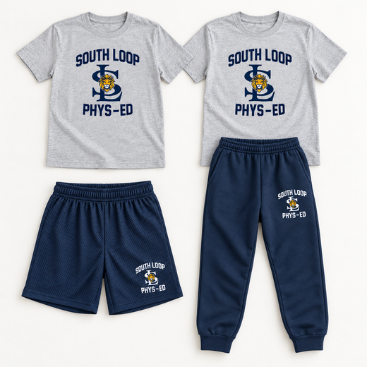 PE Week Bundle: two gray South Loop PE T-shirts, navy shorts and navy joggers