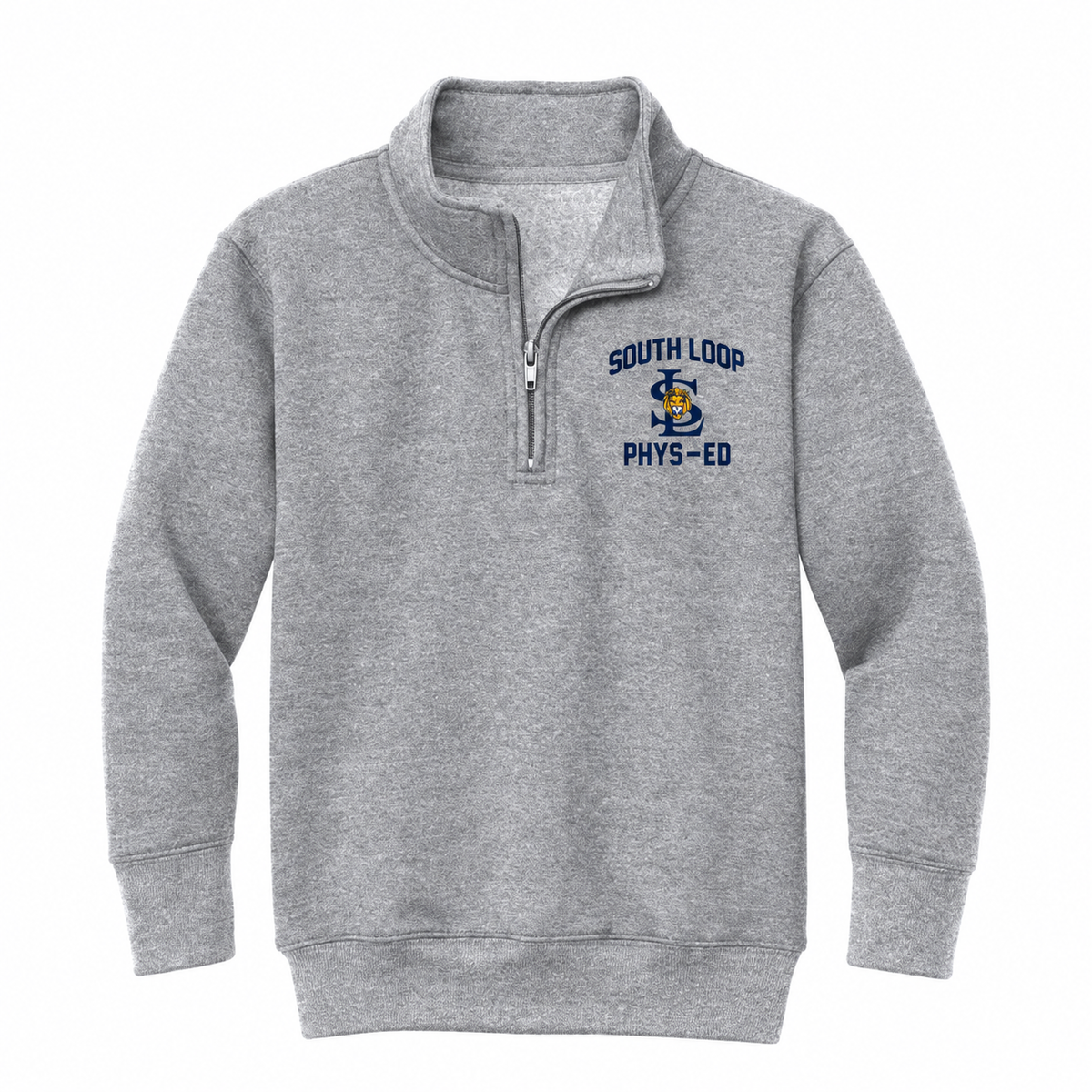South Loop PE Quarter-Zip — Youth, Athletic Heather with left-chest Phys-Ed decoration — product mockup